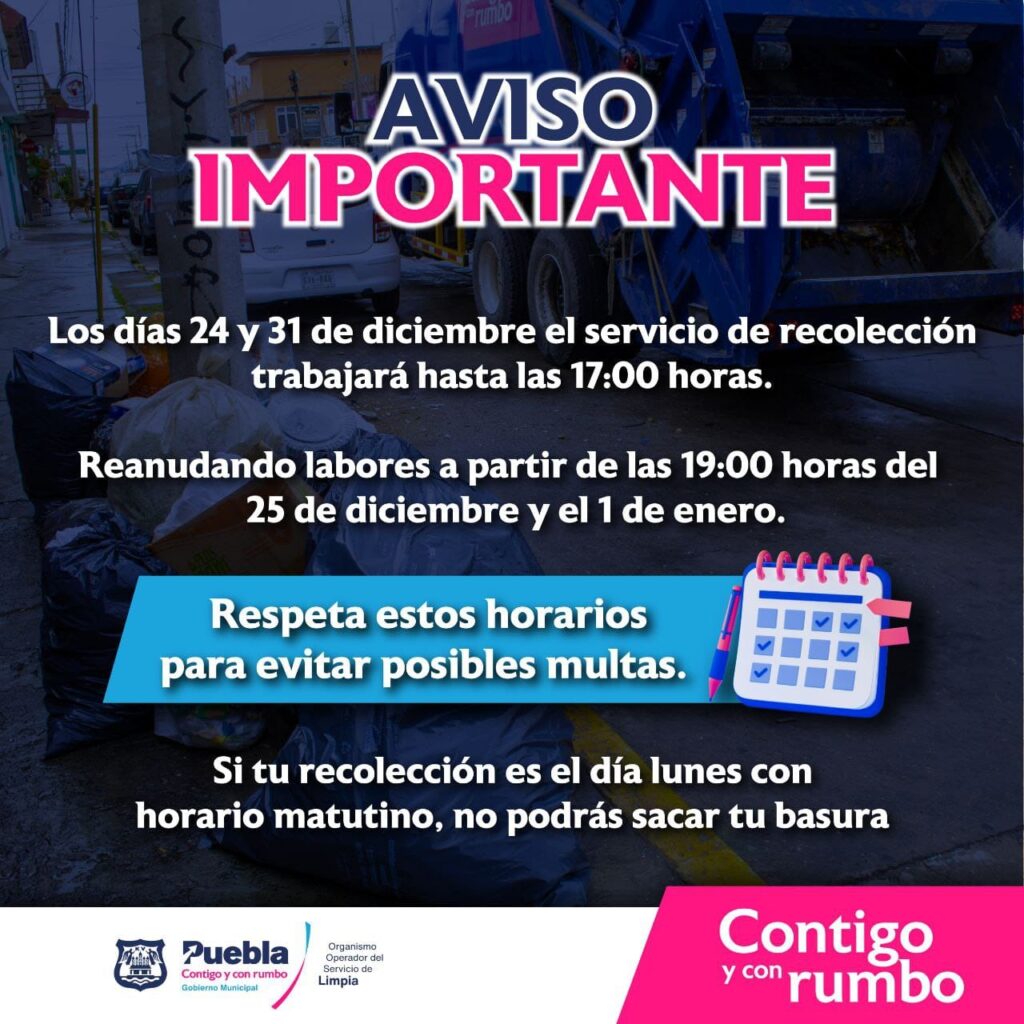 Se modifican horarios de recolección de basura el 25 de diciembre de 2023 y 1 de enero de 2024