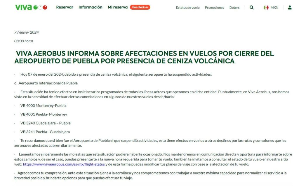 Por ceniza, el aeropuerto de Puebla suspendió vuelos este domingo