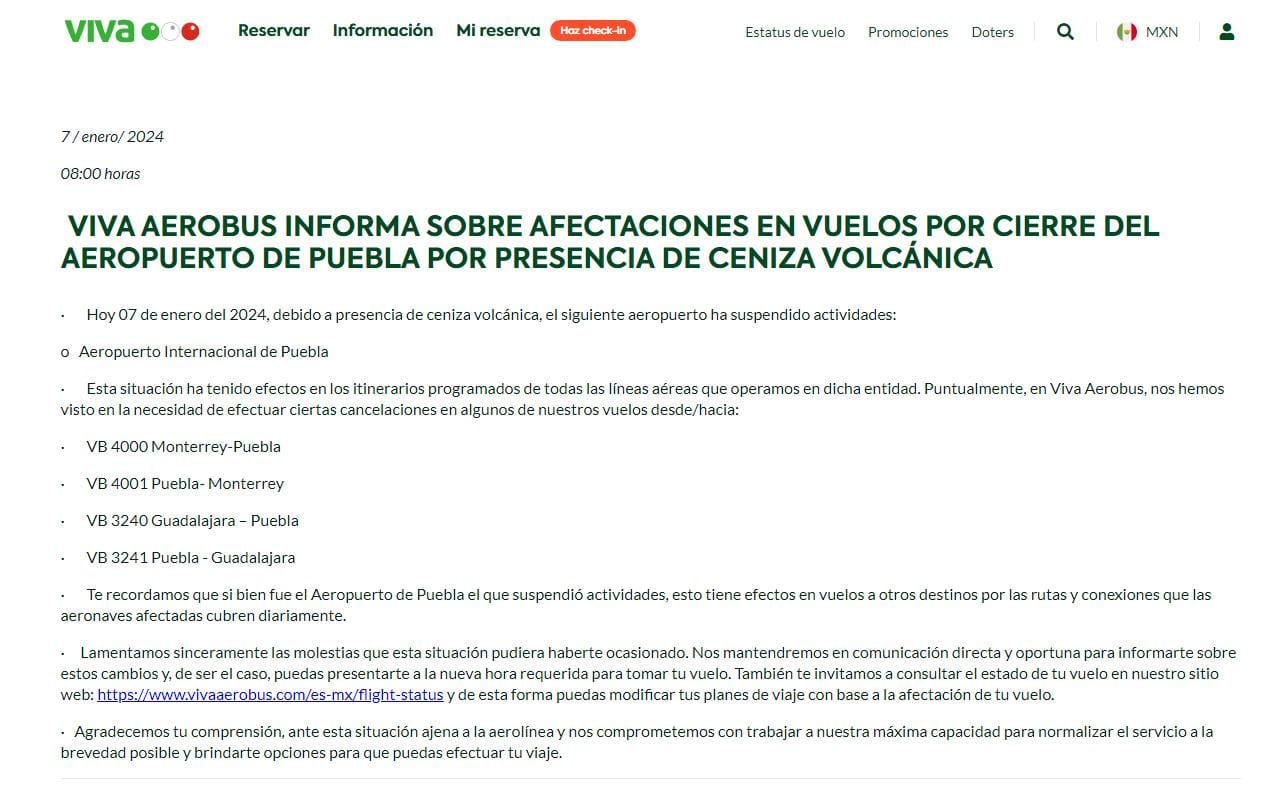 Por ceniza, el aeropuerto de Puebla suspendió vuelos este domingo