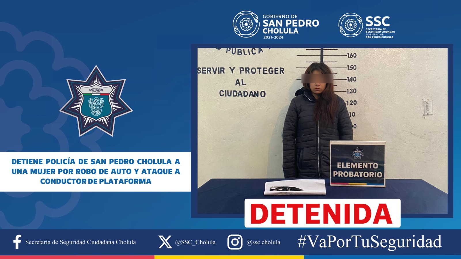 Detenida en San Pedro Cholula por tentativa de asesinato y robo de auto