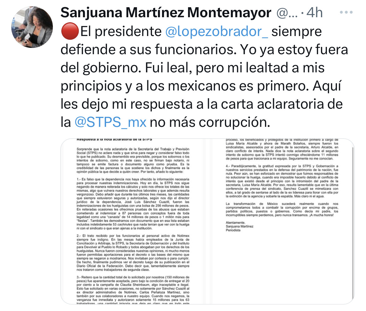 Luego de hacer tronar Notimex y ya sin chamba en el gobierno federal, Sanjuana Martínez denuncia a la STPS de presuntas liquidaciones ilegales