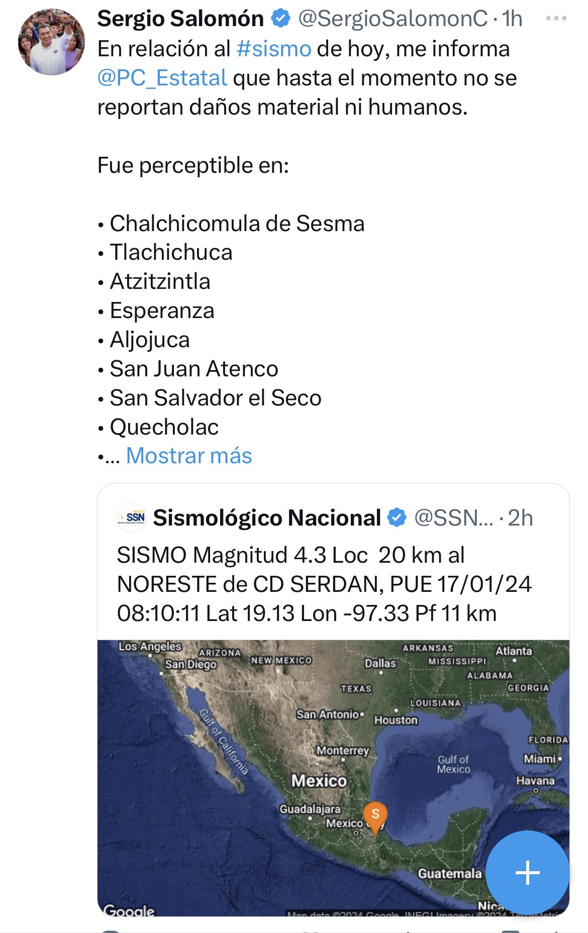 En 10 municipios fue perceptible el sismo de este miércoles, pero sin daños, precisó Sergio Salomón