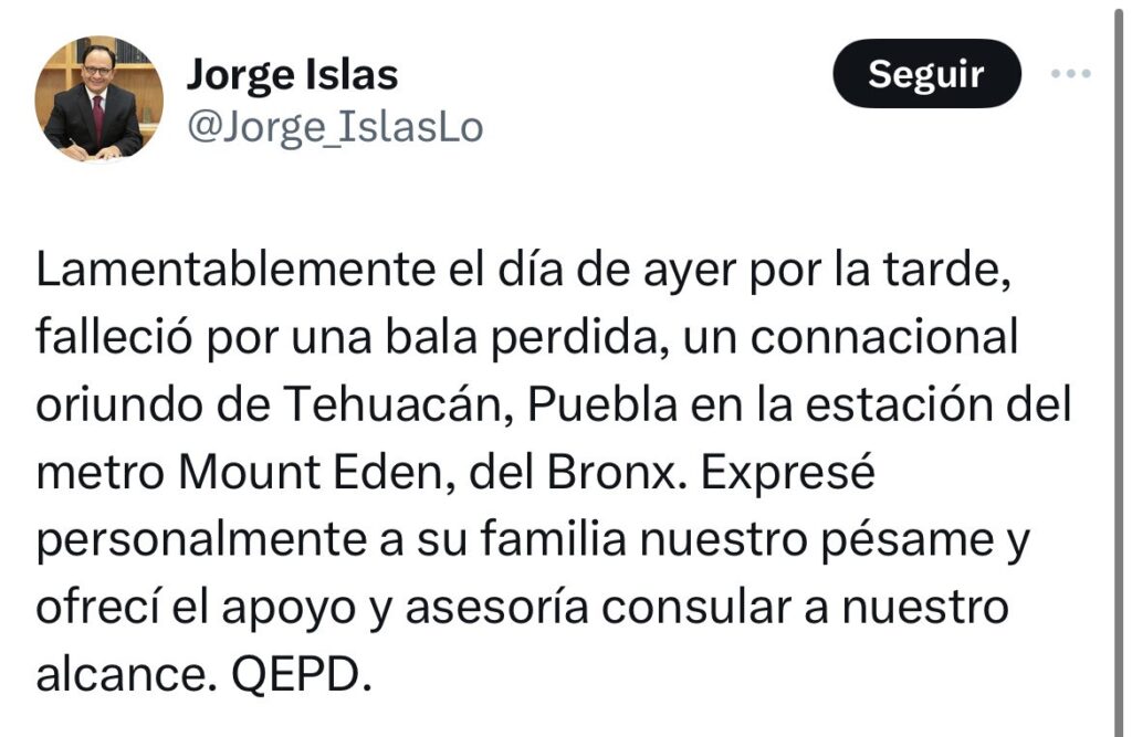 Murió poblano en Nueva York por bala perdida 