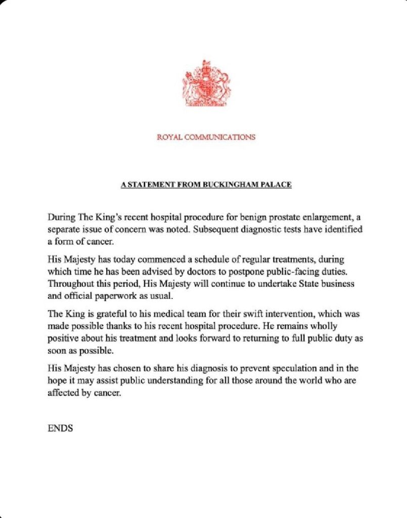 Rey Carlos III fue diagnosticado con cáncer; no abandonará sus actividades