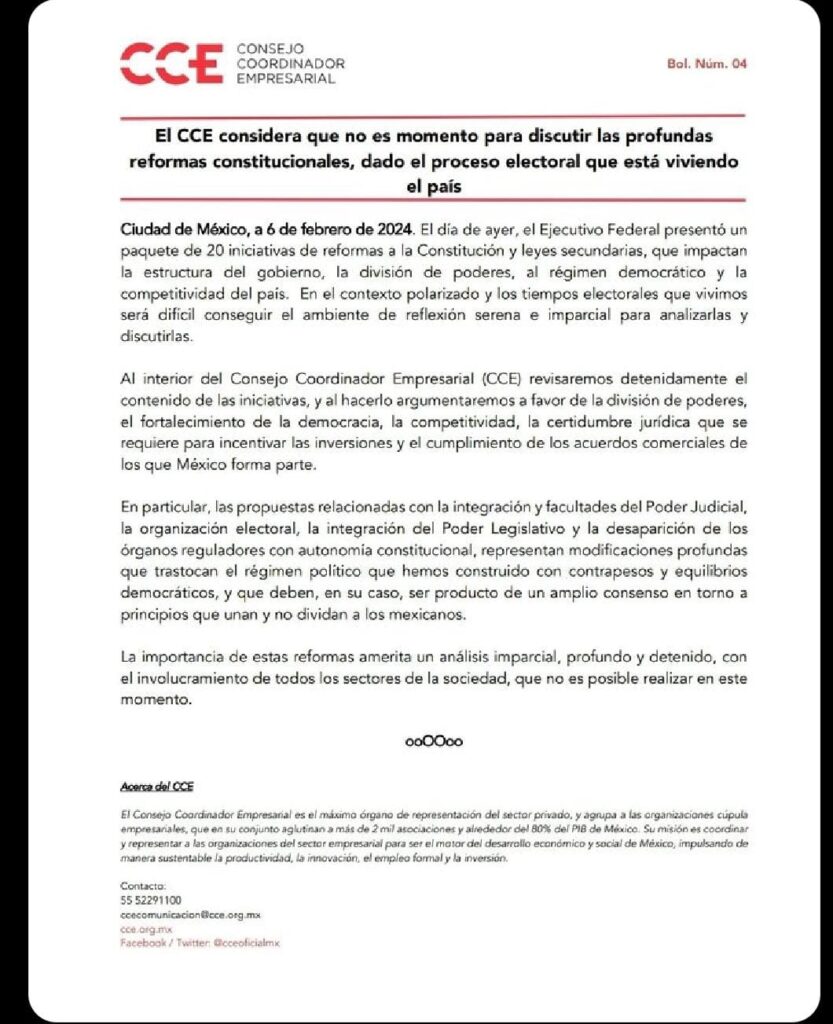 CCE considera que no es momento para discutir las reformas enviadas por AMLO