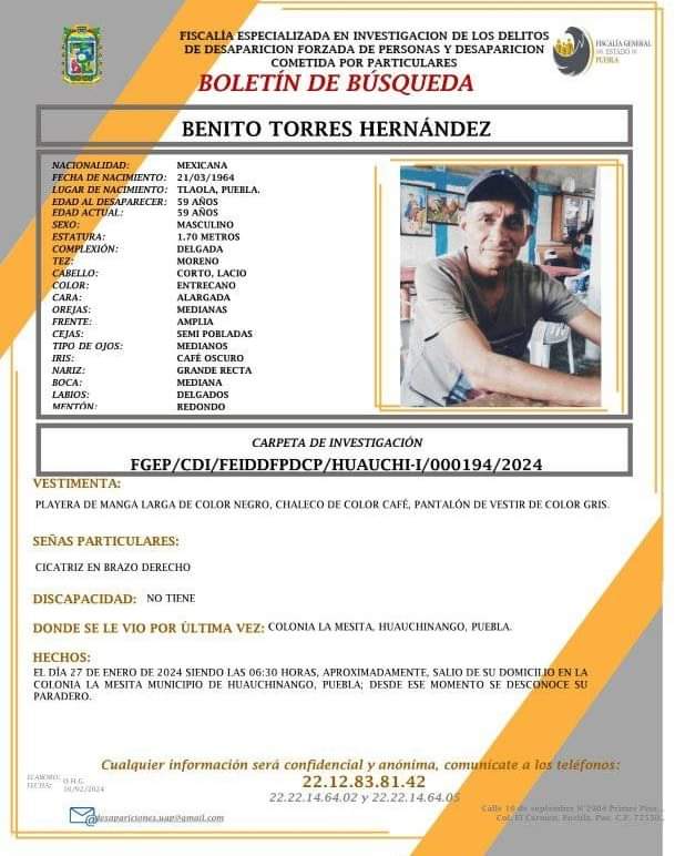 Hombre de 59 años desaparece en Huauchinango