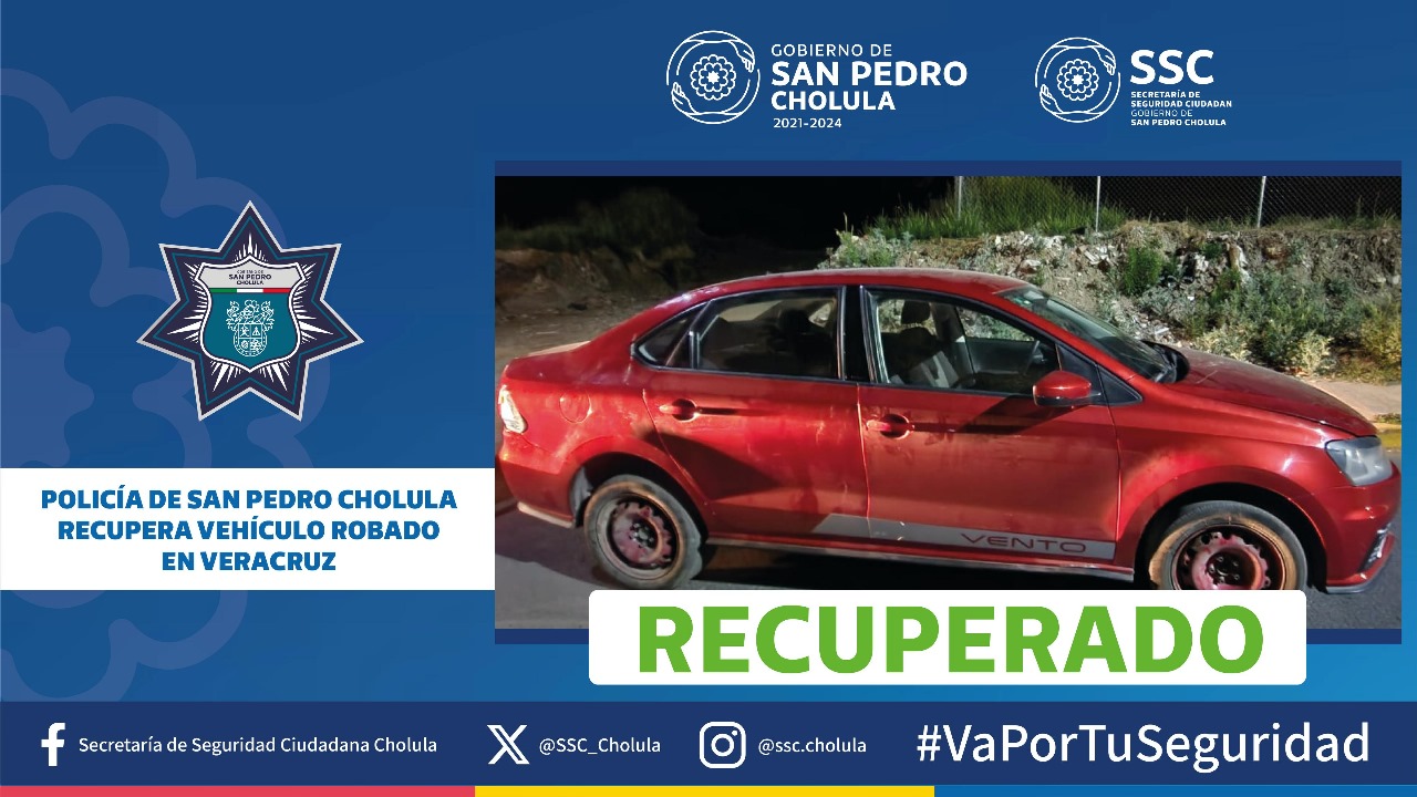 Recuperan en San Pedro Cholula vehículo robado en Veracruz