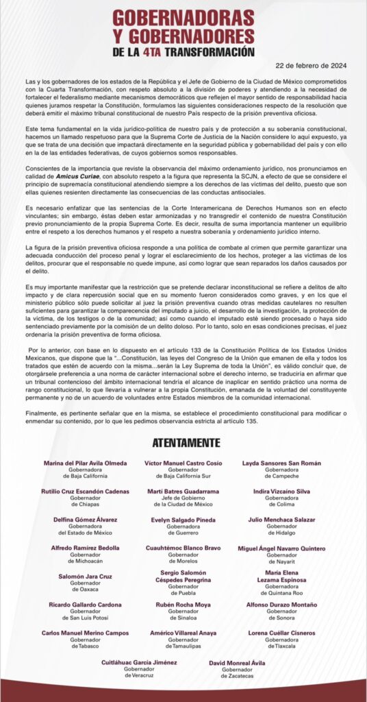 Sergio Salomón y gobernadores de la 4T piden a SCJN mantener la prisión preventiva oficiosa 