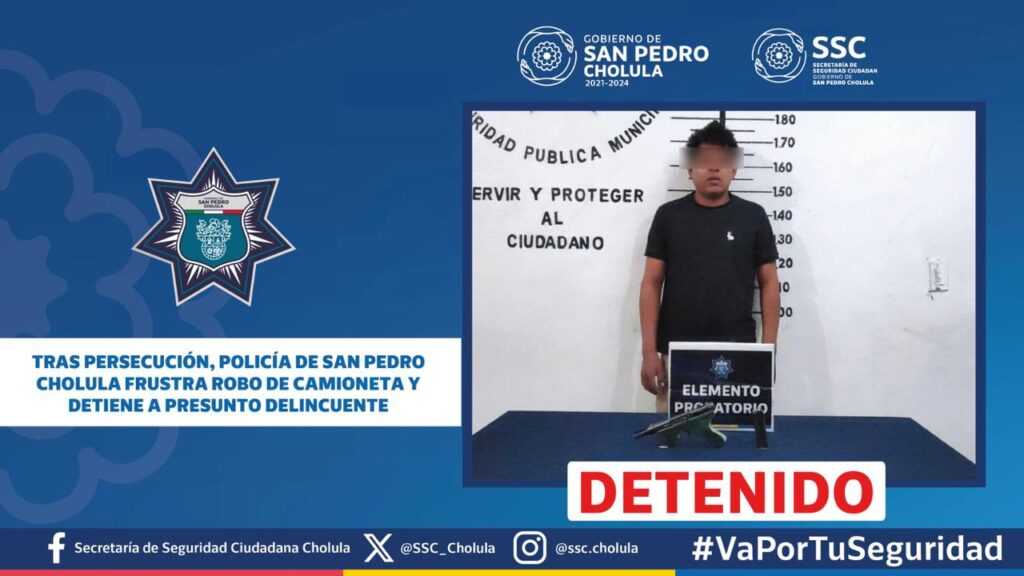Tras persecución, policía de San Pedro Cholula frustra robo de camioneta y detiene a presunto delincuente