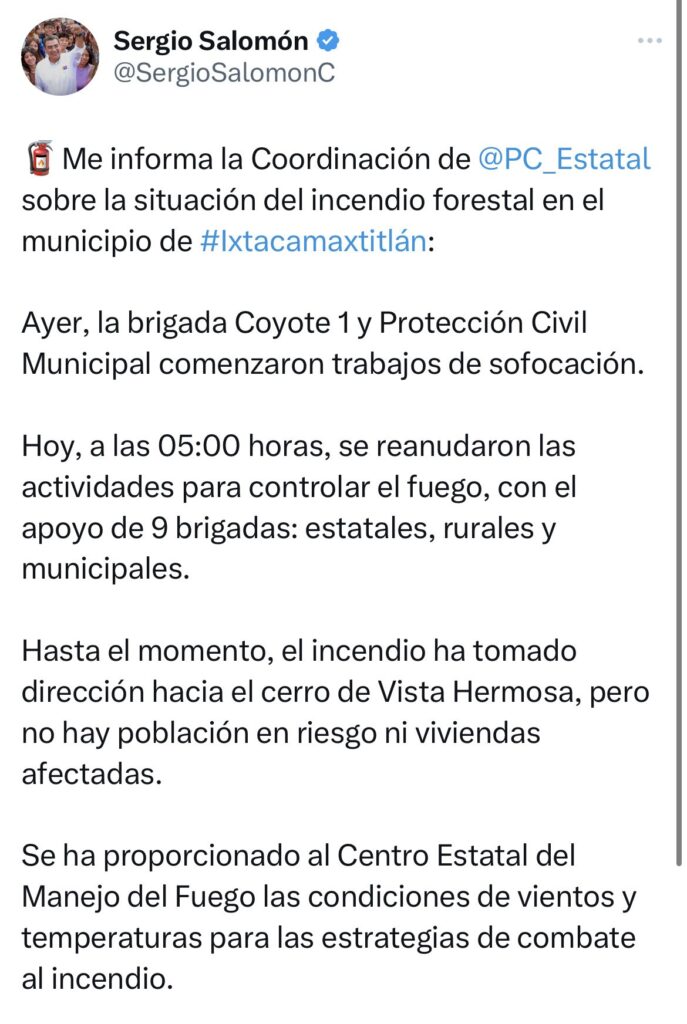 No hay viviendas en riesgo por incendio forestal en Ixtacamaxtitlán, informó Sergio Salomón