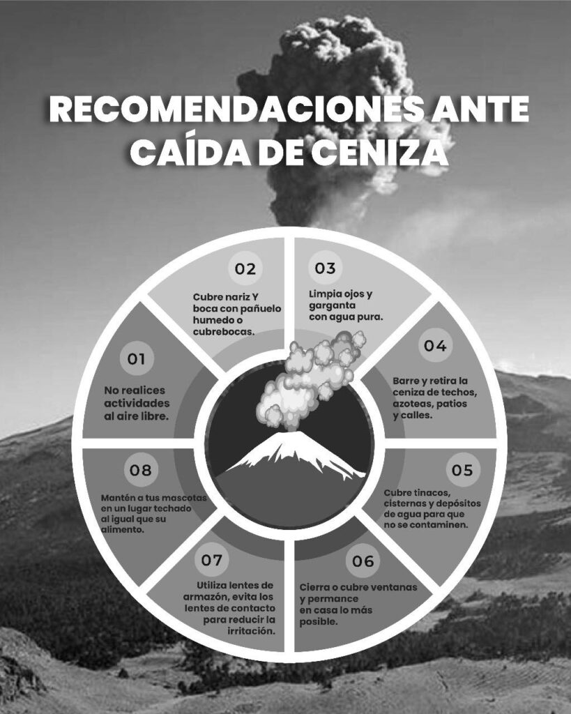 Cerrar puertas y ventanas y cubrir tinacos y recipientes de agua, recomienda Protección Civil Atlixco ante la caída de ceniza