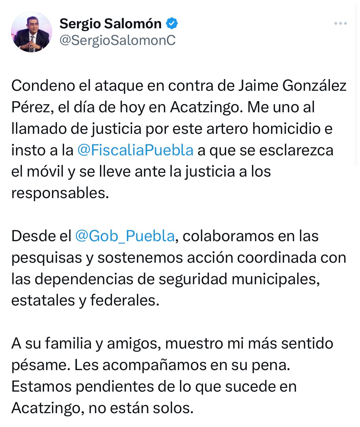 Gobernador Sergio Salomón condenó el asesinato del candidato a la alcaldía de Acatzingo