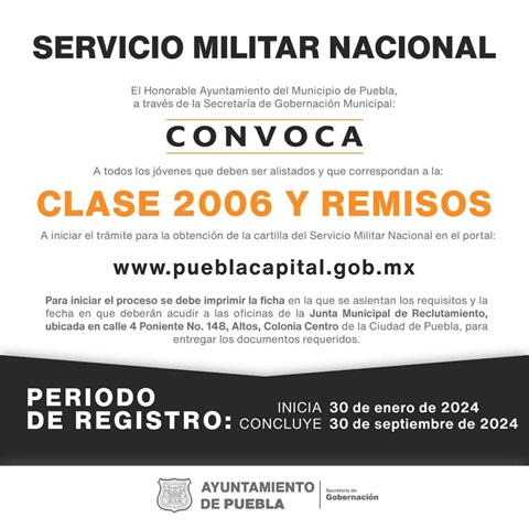 Convocatoria para tramitar en Puebla capital la Cartilla del Servicio Militar