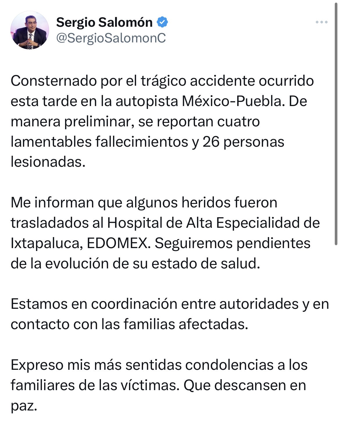 Lamenta gobernador Sergio Salomón accidente en la autopista México Puebla
