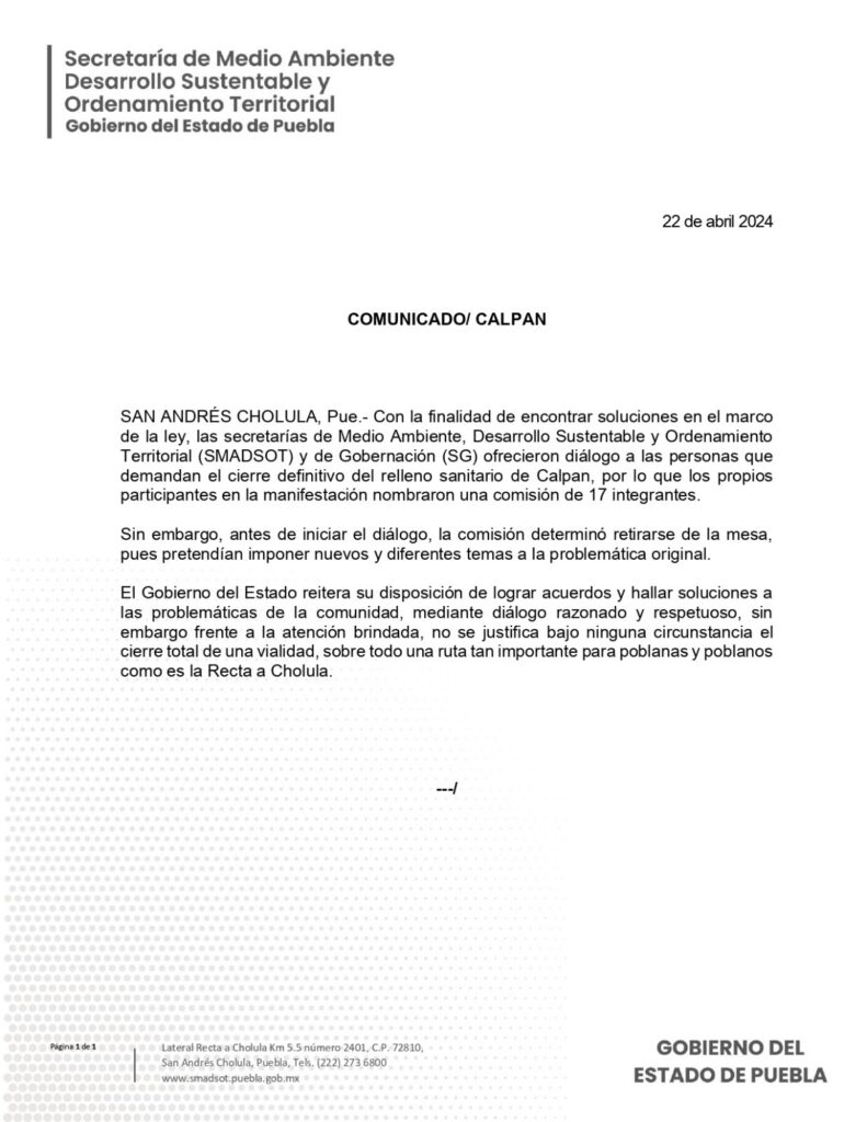 Gobierno de Puebla pide diálogo razonado y respetuoso a manifestantes de Calpan