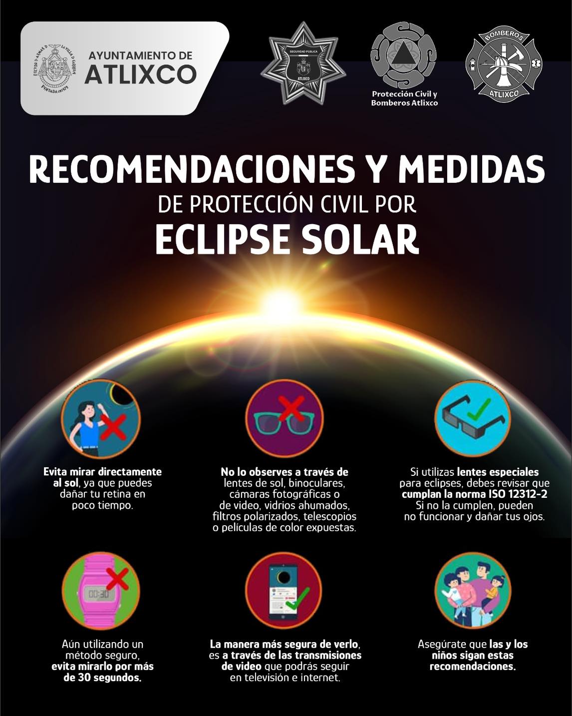 Desde Atlixco: Protección Civil te hace algunas recomendaciones para ver el eclipse este lunes