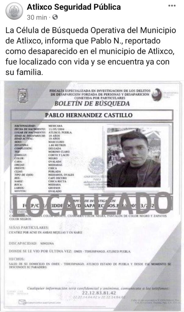 Localiza Atlixco con vida a hombre desaparecido