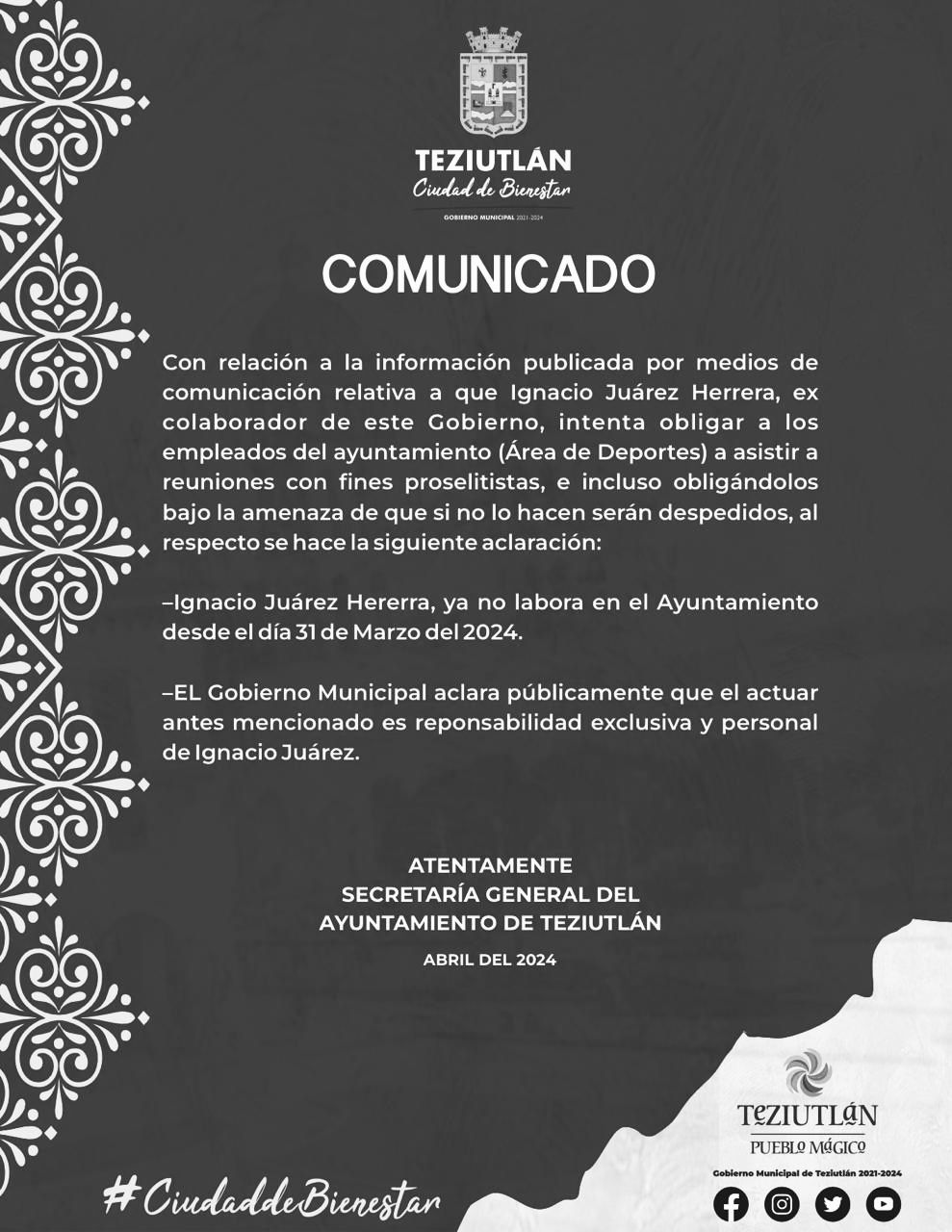 Ayuntamiento de Teziutlán aclara que Ignacio Juárez Herrera no forma parte de la administración