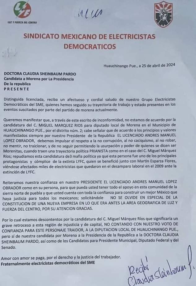 Presuntos trabajadores de Luz y Fuerza repudian candidatura de Miguel Márquez en Huauchinango