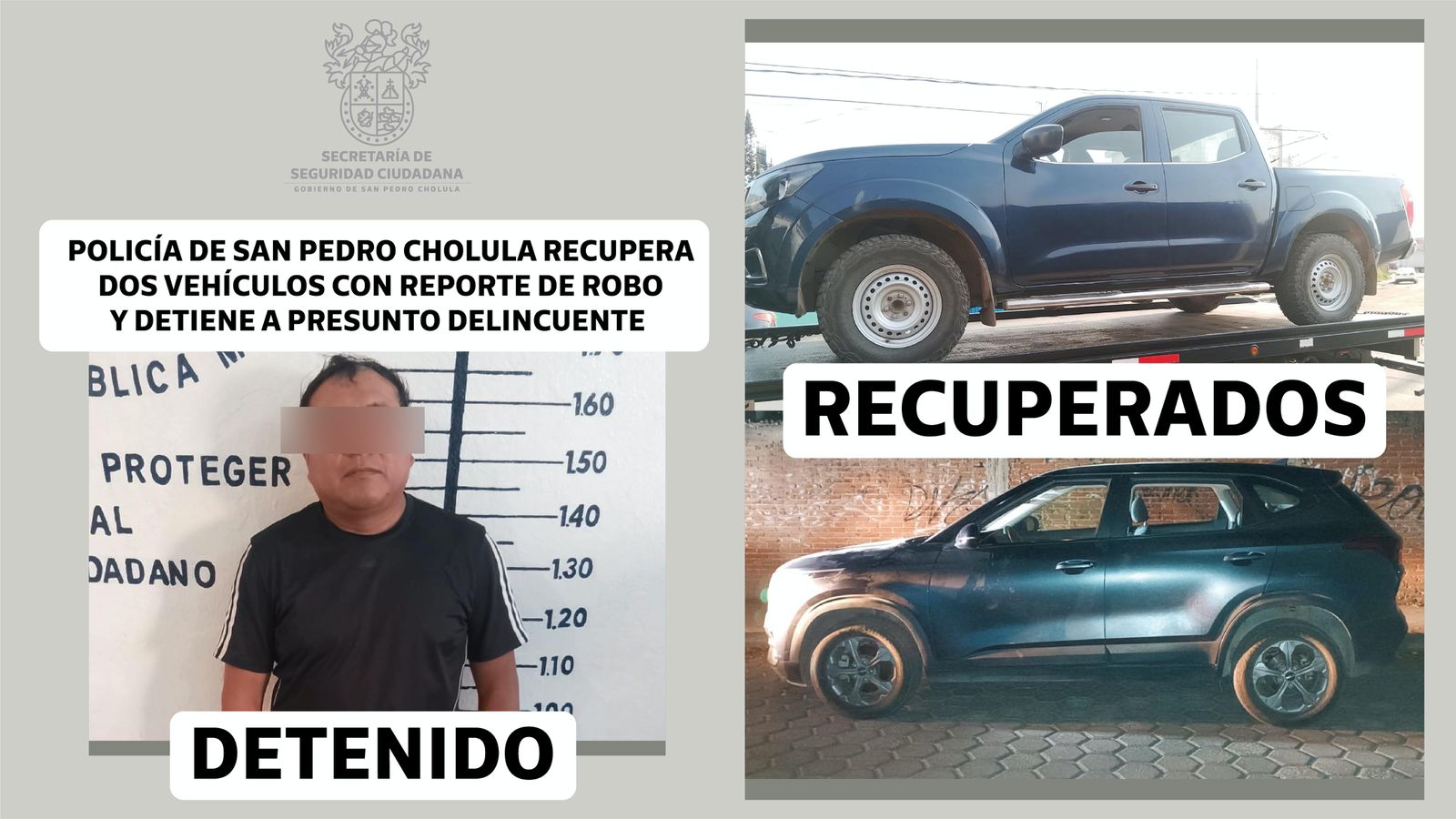 En San Pedro Cholula detienen a un presunto delincuente y recuperan 2 vehículos robados robados