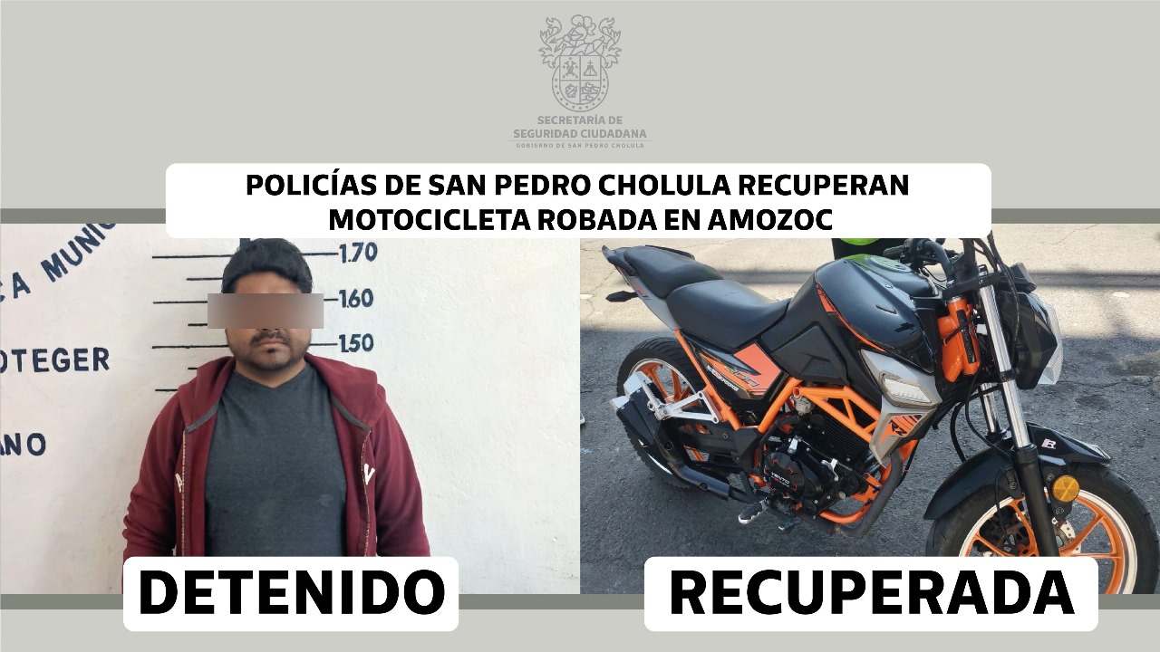 Policías de San Pedro Cholula recuperan motocicleta robada en Amozoc