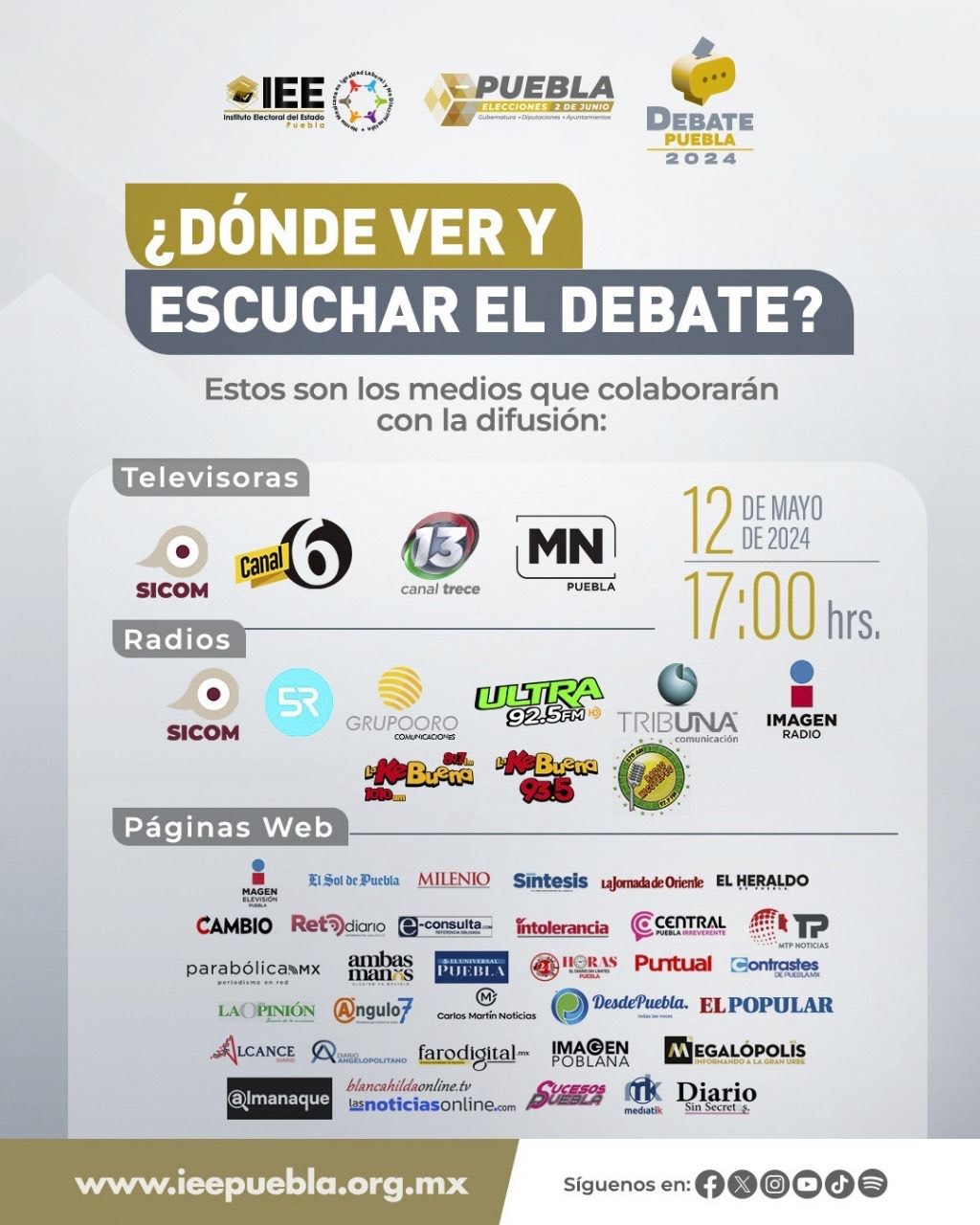 Este 12 de mayo será el debate de los candidatos a gobernador de Puebla: IEEP
