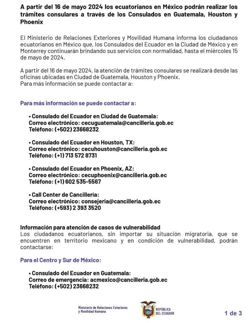 Gobierno ecuatoriano anunció que el 15 de mayo cerrará consulados en México