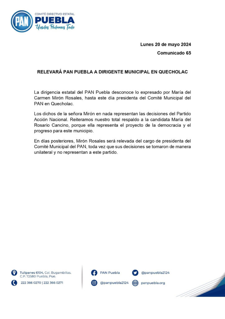 Augusta Valentina despide a dirigente del PAN en Quecholac por criticar a Rosario Cancino