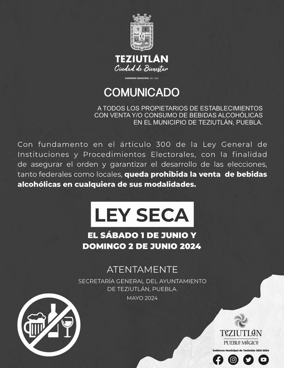 Desde Teziutlán: Ley seca este fin de semana por la jornada electoral