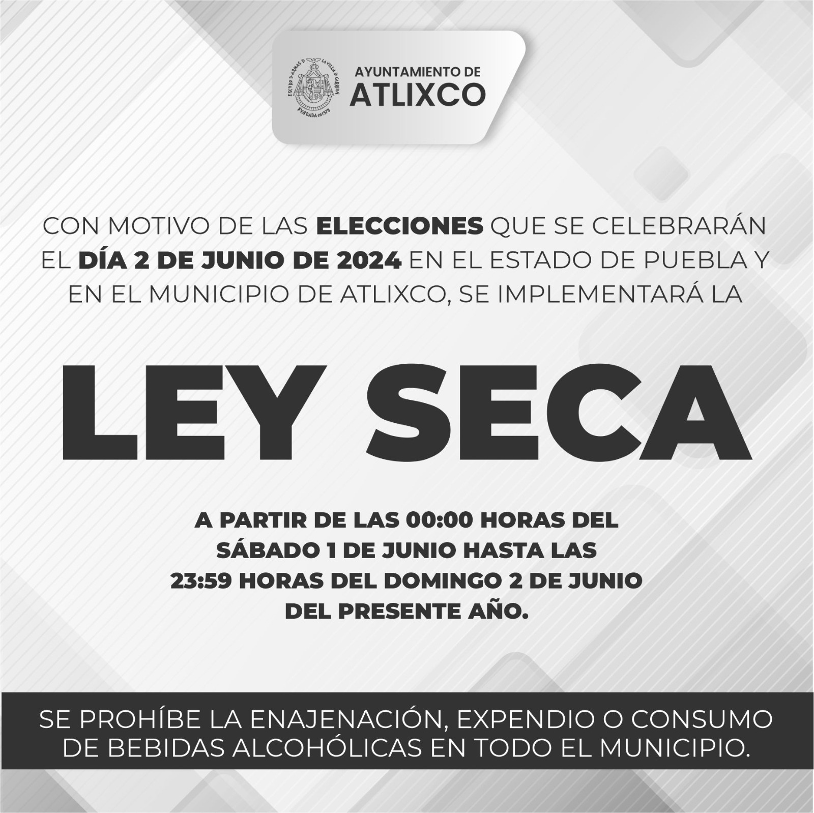 Confirman ley seca en Atlixco este fin de semana