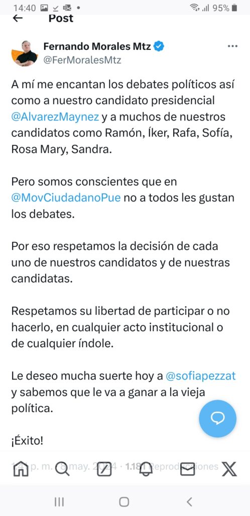 Fernando Morales da luz verde para que candidatos de MC decidan si debaten o no