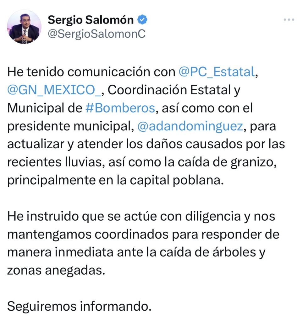 Gobernador Sergio Salomón pide atender de manera inmediata los daños por la lluvia 