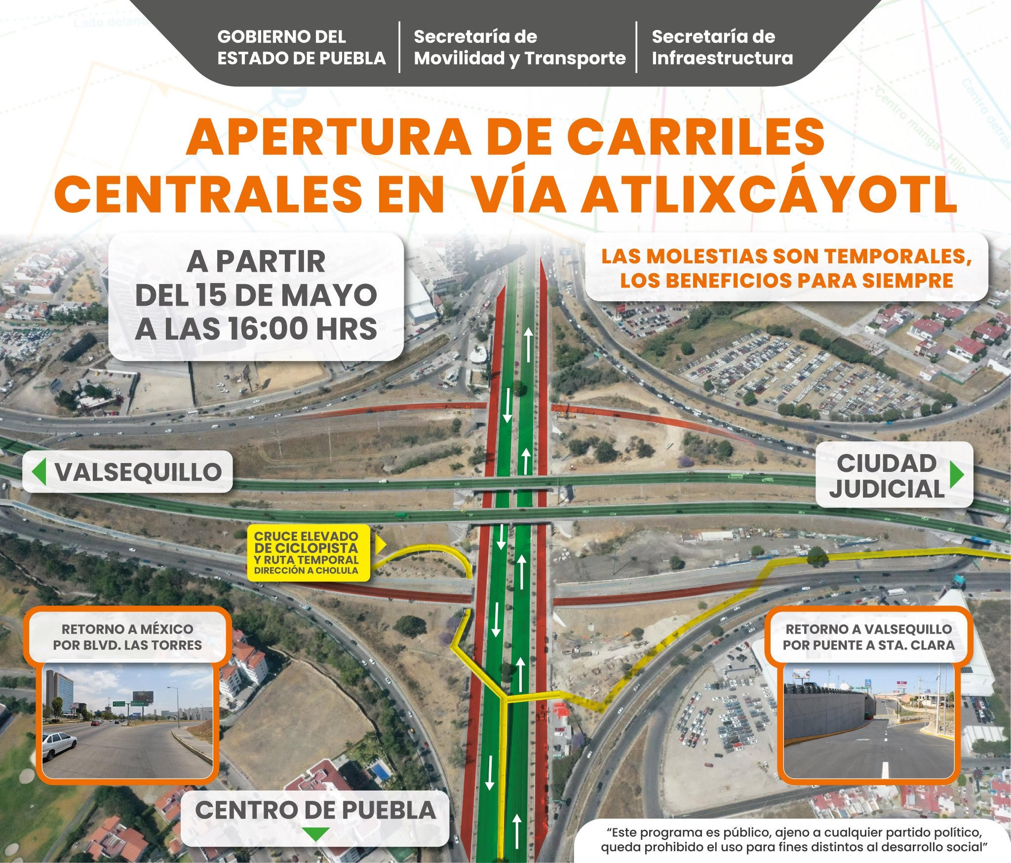 Reabrirán los carriles centrales de la Vía Atlixcáyotl