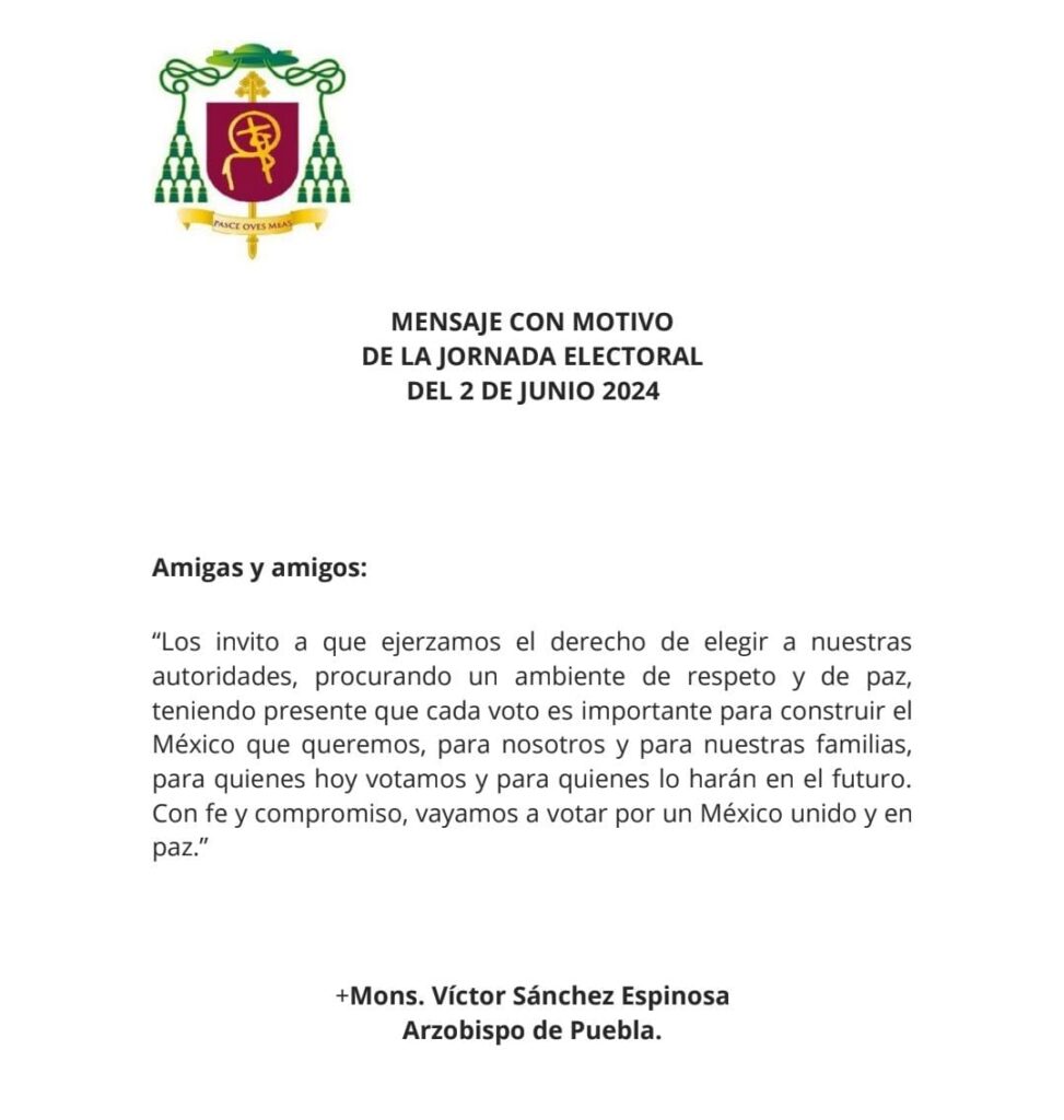 Pide arzobispo de Puebla votar este 2 de junio en un ambiente de paz y respeto