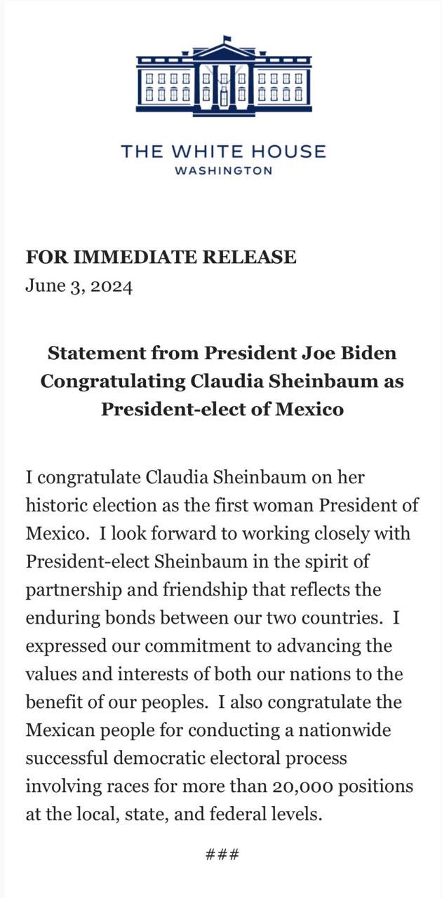 Joe Biden, presidente de EU, felicitó a Claudia Sheinbaum