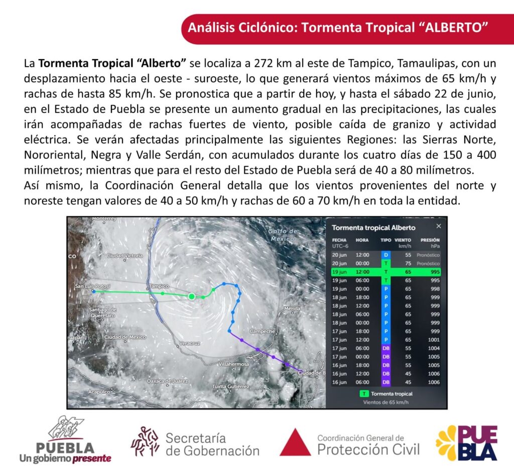Por tormenta tropical Alberto, se esperan lluvias en Puebla, Tlaxcala, EdoMéx, Veracruz, etc
