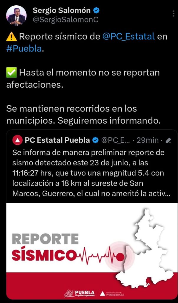 Puebla, sin afectaciones por sismos con epicentro en San Marcos, Guerrero