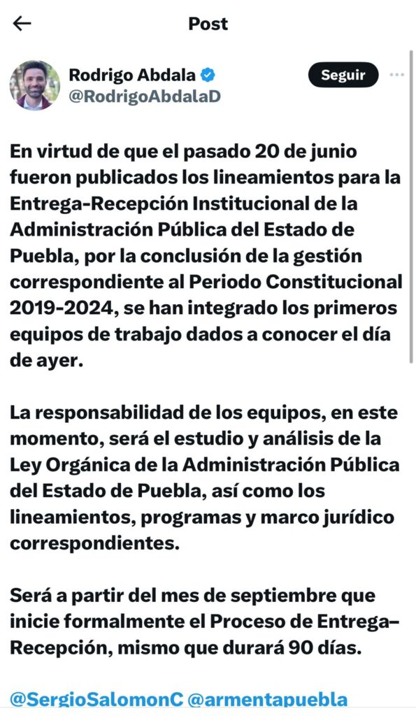 Lineamientos para la Entrega-Recepción institucional en Puebla: Rodrigo Abdala