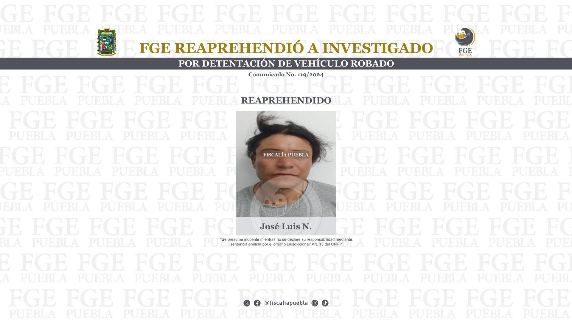 FGE reaprehendió a investigado por detentación de vehículo robado