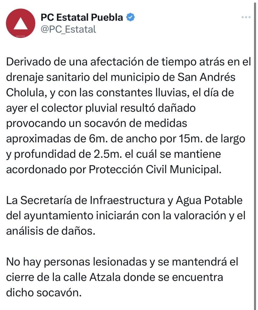 Video desde Puebla: PC confirma socavón en San Andrés Cholula 