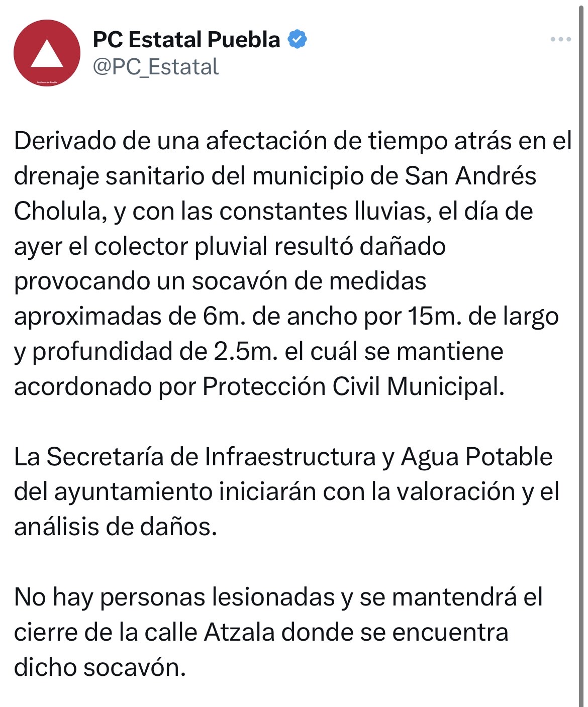 Video desde Puebla: PC confirma socavón en San Andrés Cholula 