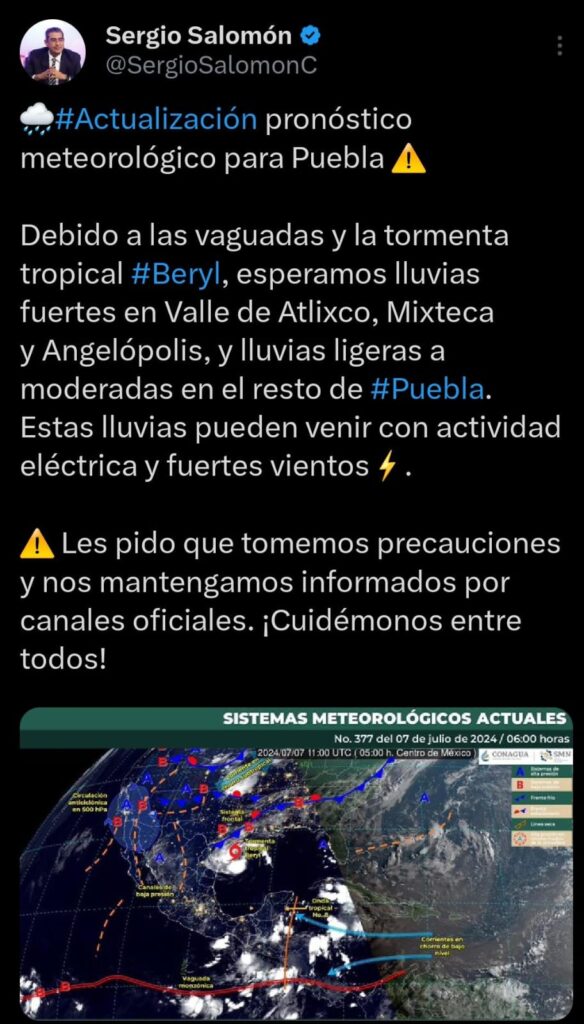 En próximas horas se pronostican lluvias fuertes en el Valle de Atlixco, Mixteca y Angelópolis: Sergio Salomón