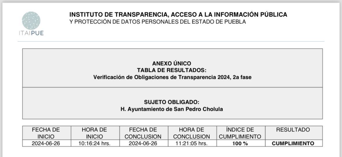 Ayuntamiento de San Pedro Cholula cierra con calificación perfecta en transparencia