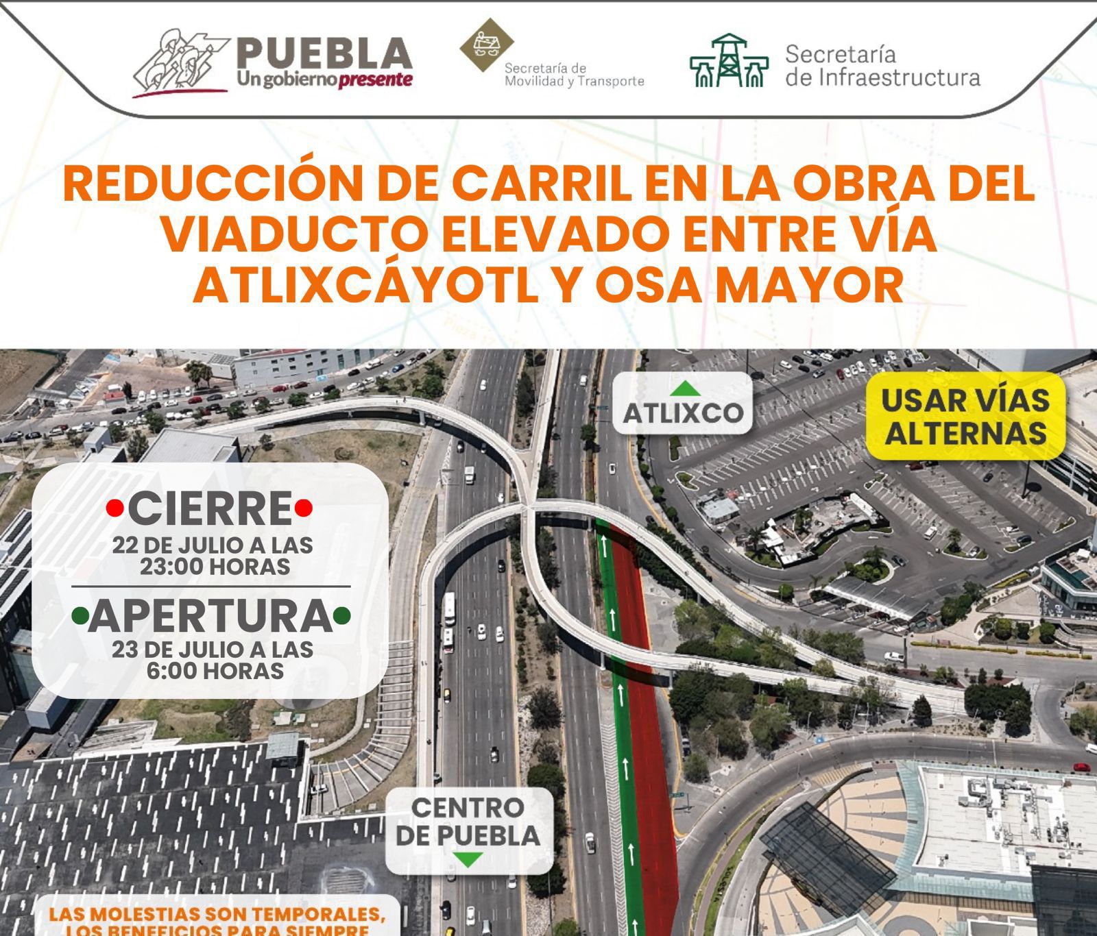 Este lunes habrá reducción de carriles en la Vía Atlixcáyotl