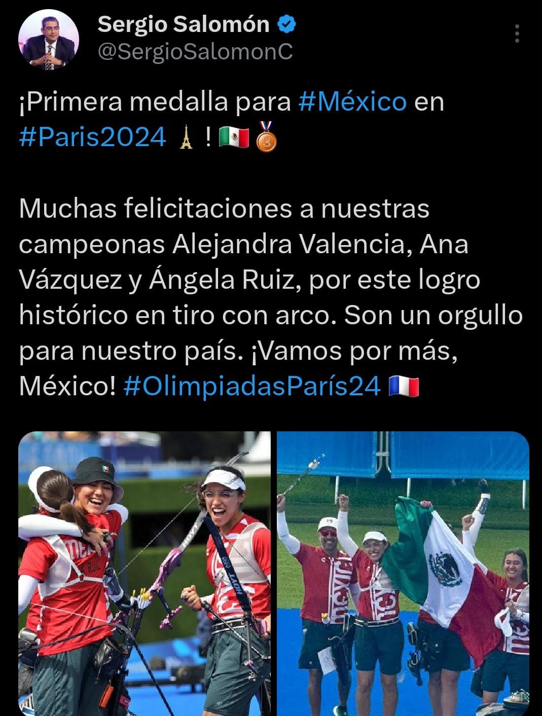 Sergio Salomón felicitó a las atletas por la primera medalla para México en París