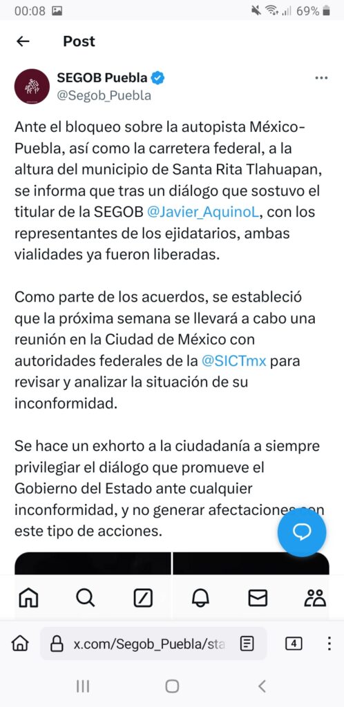 Gobernación estatal confirmó reapertura de la autopista México-Puebla