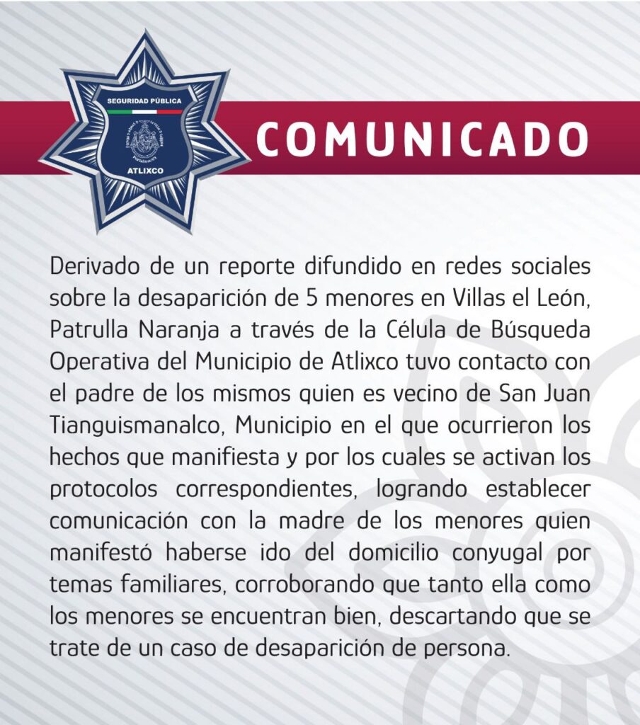 Desde Atlixco: Se descarta desaparición de 5 menores en Villas de León