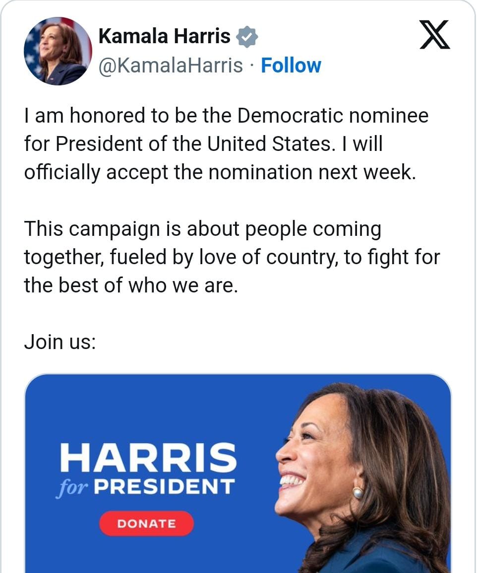 Kamala Harris obtuvo los votos para ser designada oficialmente candidata del Partido Demócrata