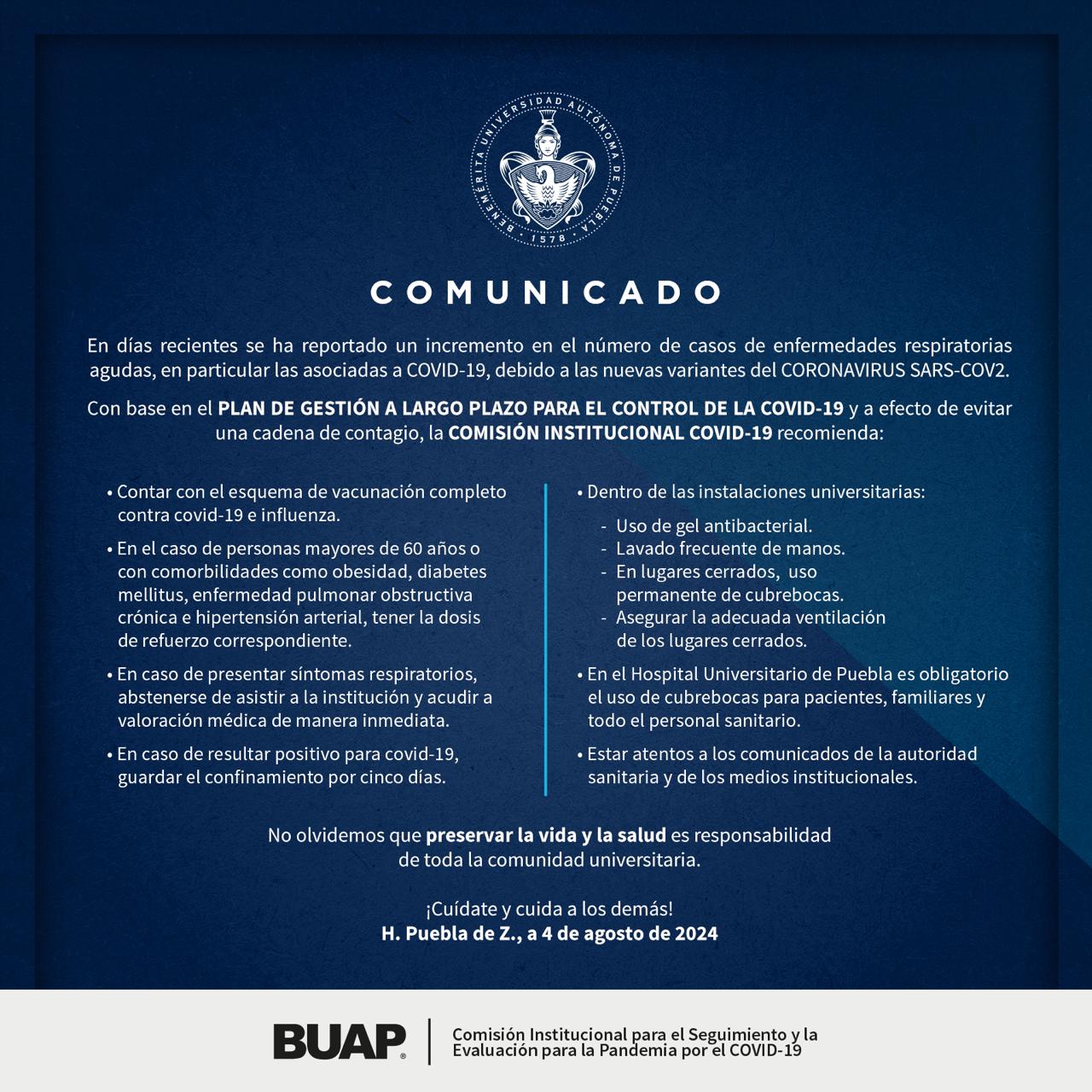 Ante incremento de contagios covid-19, BUAP hace recomendaciones a su comunidad