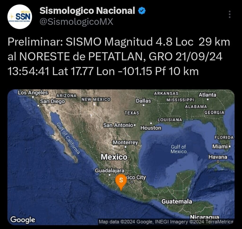 Sismo sacude a Petatlán